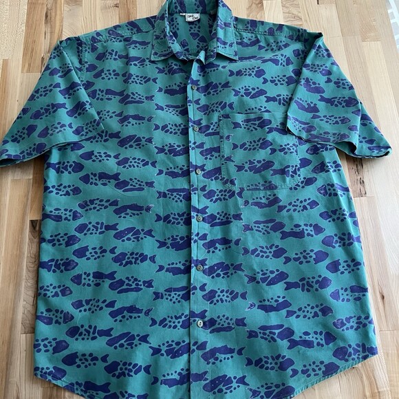 Back East Other - Back East Short Sleeve Button Up Shirt 100 Cotton Batik Fish Print Green Blue XL